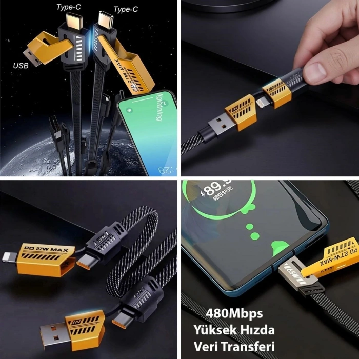 4in1 65W Hızlı Şarj Kablosu – Type-C to USB-A + Type-C to Lightning, 27W PD Destekli Çoklu Şarj Kablo (4940)