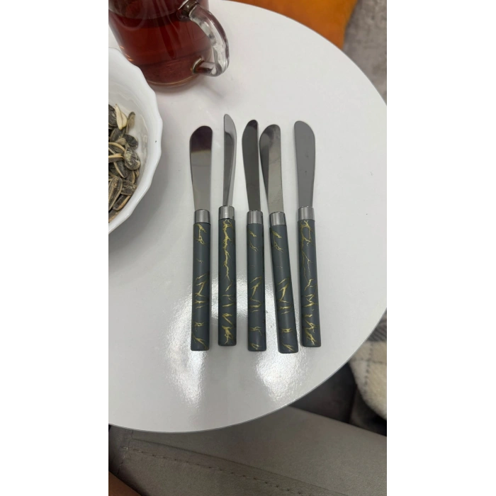 5 PARÇA  UZUN KAHVALTI BIÇAK - GRİ MERMER DESEN SAPLI 16.5 cm (4940)