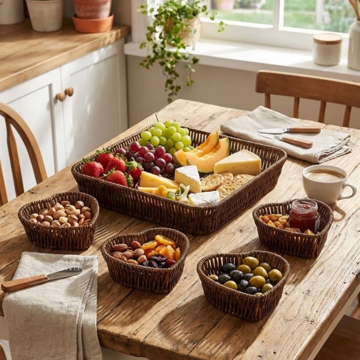 5 Parça,4 Kalp Formlu Plastik Rattan Sunum ve Kahvaltı Seti-Bölmeli Çerezlik ve Meyvelik-Doğal Hasır Görünümlü Tepsi ve Sunum Tabakları (4940)