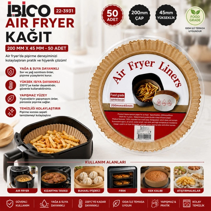 50PCS YUVARLAK TABAN: 20CM - KENAR: 4.5CM AİR FRYER PİŞİRME KALIP KAĞIT (4940)