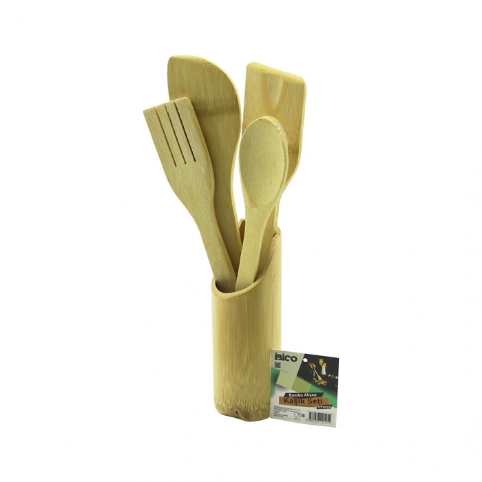 5PCS AHŞAP BAMBU MUTFAK SETİ STAND - KAŞIK - ÇATAL - 2 SPATULA FİLELİ (4940)