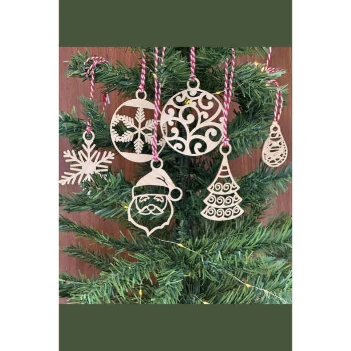 6 Parça Kırmızı Beyaz İpli Noel Babalı ve Kar Tanesi Model Ahşap Yılbaşı Ağaç Süsü (4940)