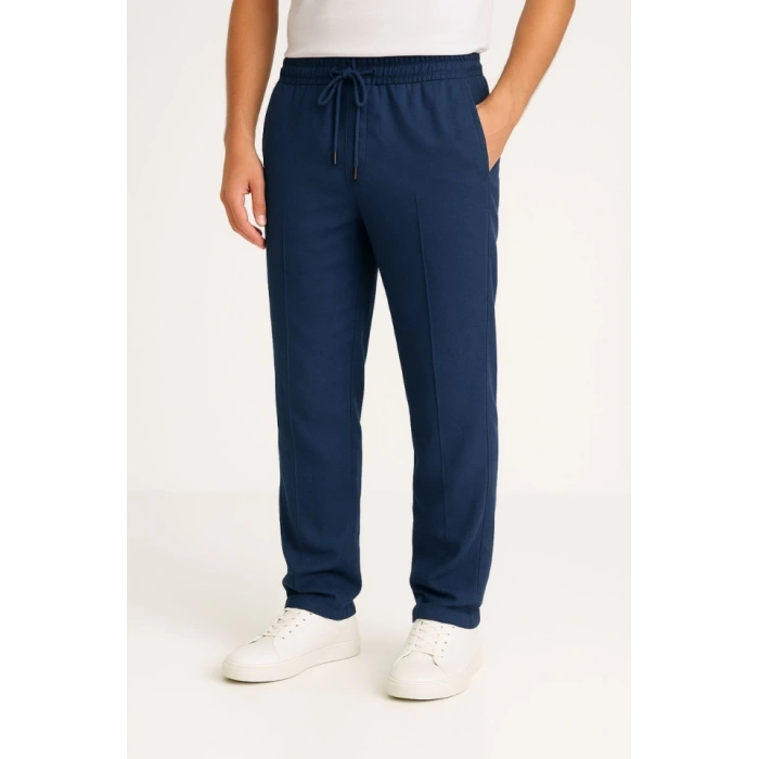 Erkek Keten Pantolon – Cepli, Beli Lastikli Ve Bağcıklı, Nefes Alan Rahat Kalıp, Yazlık Ve Baharlık Günlük Giyim, Şık - Konforlu Boru Paça Model - Lacivert