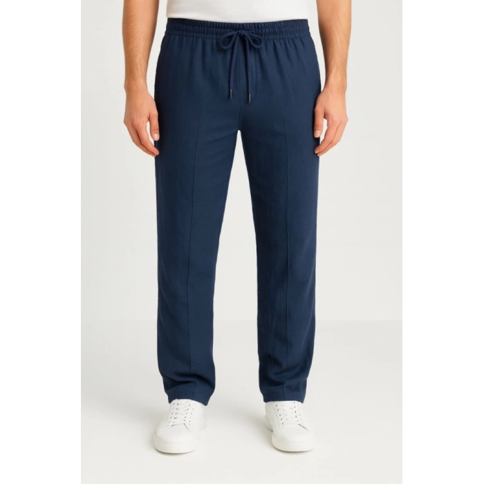 Erkek Keten Pantolon – Cepli, Beli Lastikli Ve Bağcıklı, Nefes Alan Rahat Kalıp, Yazlık Ve Baharlık Günlük Giyim, Şık - Konforlu Boru Paça Model - Lacivert