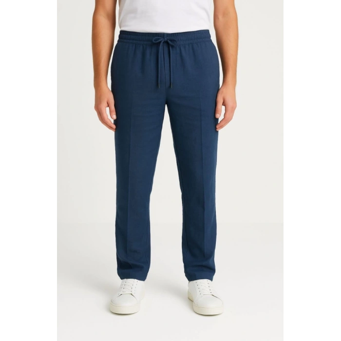 Erkek Keten Pantolon – Cepli, Beli Lastikli Ve Bağcıklı, Nefes Alan Rahat Kalıp, Yazlık Ve Baharlık Günlük Giyim, Şık - Konforlu Boru Paça Model - Lacivert