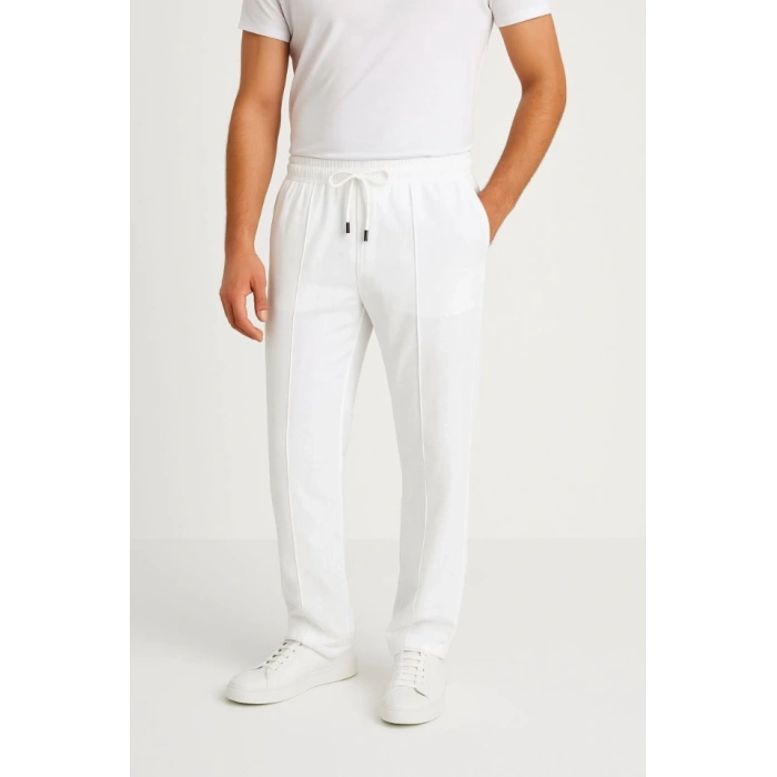 Erkek Keten Pantolon – Cepli, Beli Lastikli Ve Bağcıklı, Nefes Alan Rahat Kalıp, Yazlık Ve Baharlık Günlük Giyim, Şık - Konforlu Boru Paça Model - Beyaz