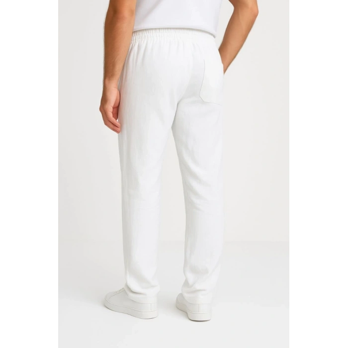 Erkek Keten Pantolon – Cepli, Beli Lastikli Ve Bağcıklı, Nefes Alan Rahat Kalıp, Yazlık Ve Baharlık Günlük Giyim, Şık - Konforlu Boru Paça Model - Beyaz