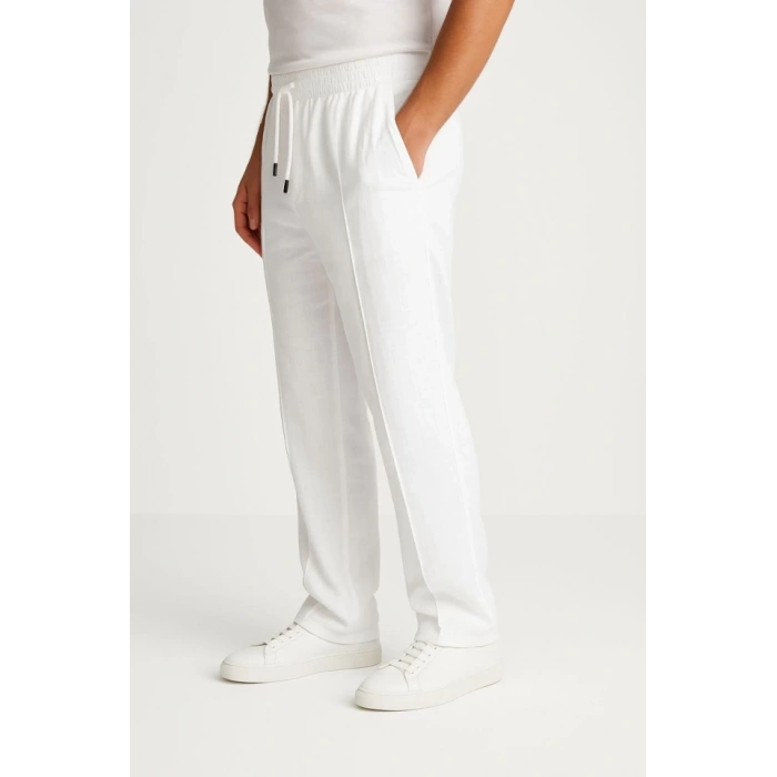 Erkek Keten Pantolon – Cepli, Beli Lastikli Ve Bağcıklı, Nefes Alan Rahat Kalıp, Yazlık Ve Baharlık Günlük Giyim, Şık - Konforlu Boru Paça Model - Beyaz