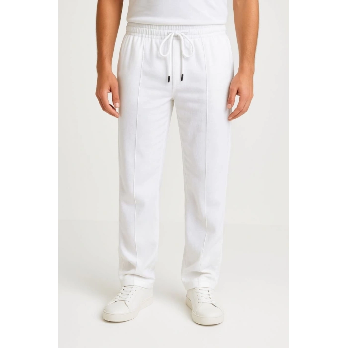 Erkek Keten Pantolon – Cepli, Beli Lastikli Ve Bağcıklı, Nefes Alan Rahat Kalıp, Yazlık Ve Baharlık Günlük Giyim, Şık - Konforlu Boru Paça Model - Beyaz