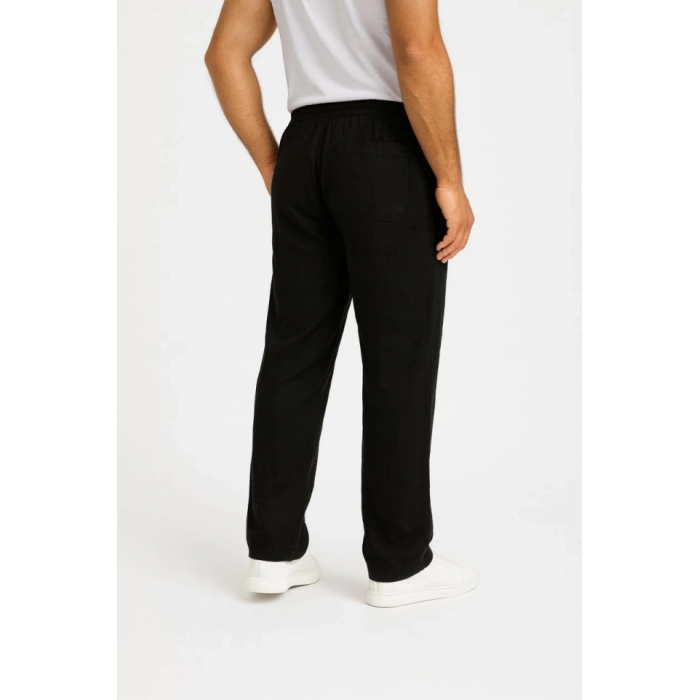 Erkek Keten Pantolon – Cepli, Beli Lastikli Ve Bağcıklı, Nefes Alan Rahat Kalıp, Yazlık Ve Baharlık Günlük Giyim, Şık - Konforlu Boru Paça Model - Siyah