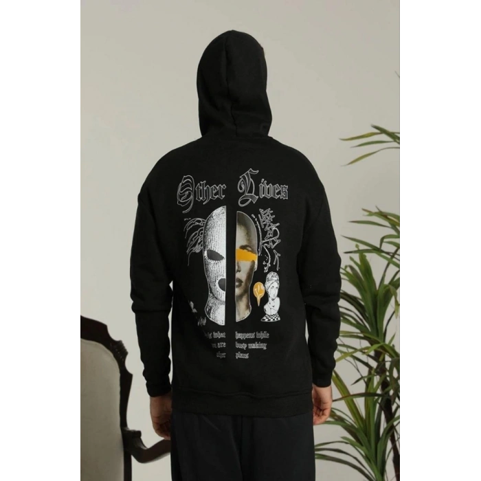 Erkek Kapşonlu Sweatshirt – Oversize Üç İplik Şardonlu Hoodie, “Other Lives” Ön - Arka Baskılı, Kanguru Cepli, Kışlık Rahat Günlük Stil - Siyah