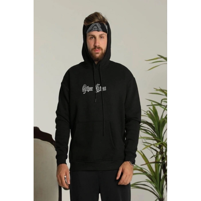 Erkek Kapşonlu Sweatshirt – Oversize Üç İplik Şardonlu Hoodie, “Other Lives” Ön - Arka Baskılı, Kanguru Cepli, Kışlık Rahat Günlük Stil - Siyah