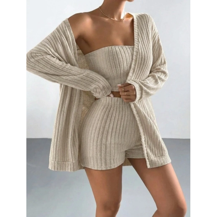 Kadın Uzun Kollu önü Açık şardonlu Kaşkorse Ceket Büstiyer Ve Short üçlü