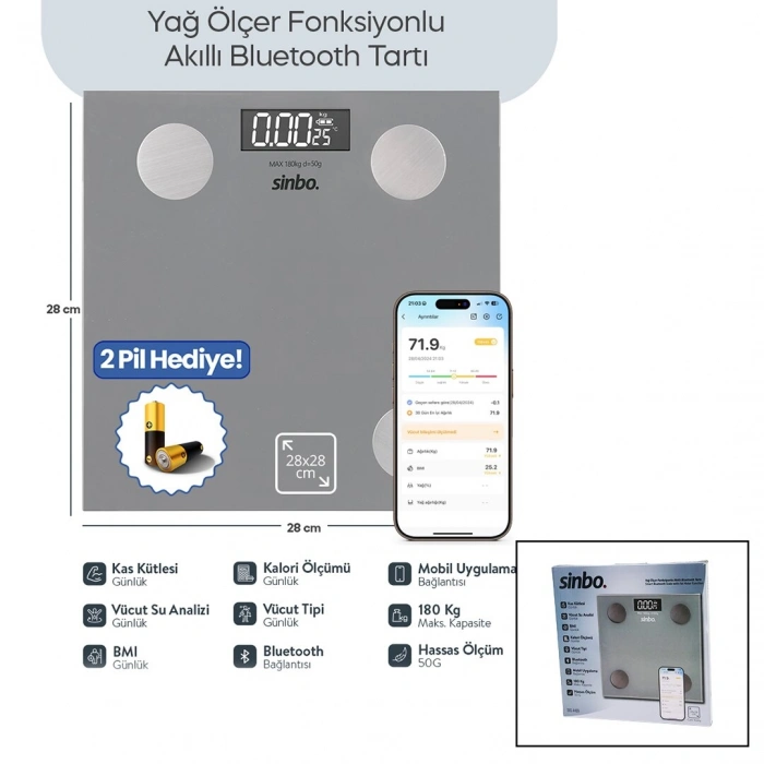 GRİ YAĞ ÖLÇER AKILLI BLUETOOTH CAM BASKÜL PİLLİ 180KG/50GR 28X28CM 8-KİŞİ HAFIZA LCD EKRAN ℃ GÖSTERGE SBS-4469 (4940)