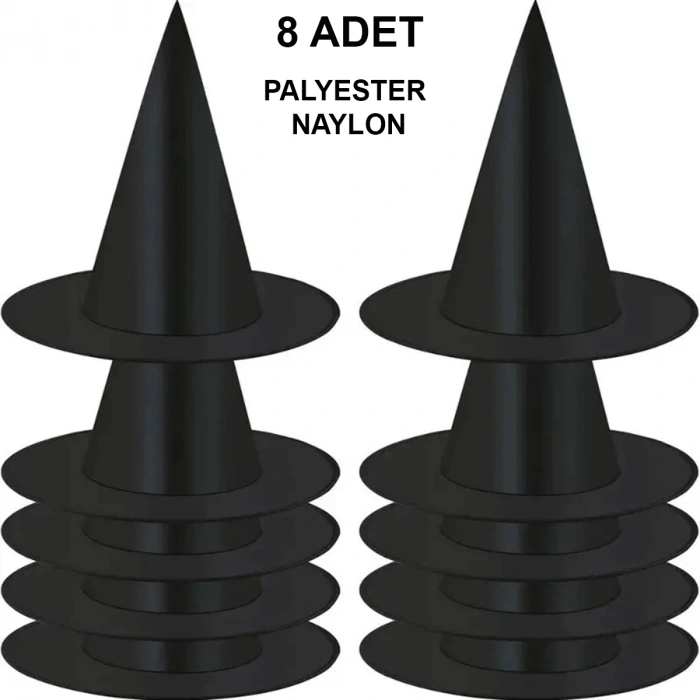 8 Adet Siyah Cadı Şapkası – Yetişkin &amp;amp; Çocuk Kostüm Aksesuarı (4940)