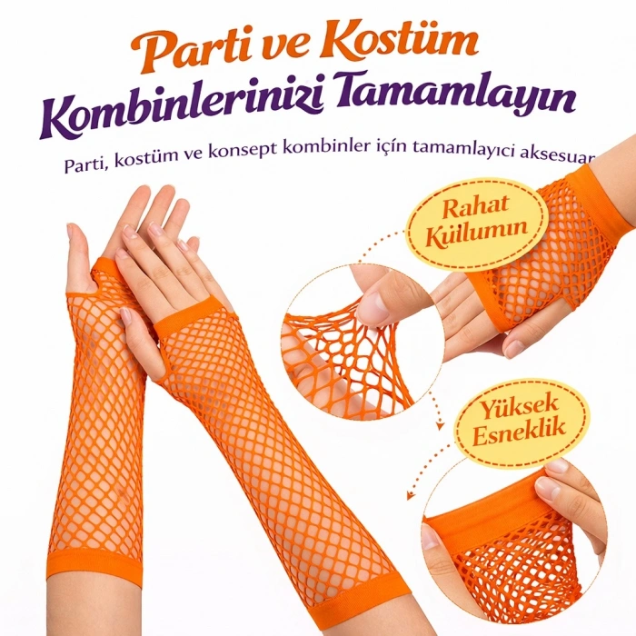 80’ler 90’lar Retro Turuncu File Parmaksız Eldiven 26 cm (4940)