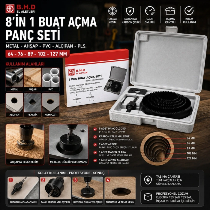 8İN1 BUAT AÇMA PANÇ SETİ METAL - AHŞAP - PVC - ALÇIPAN - PLS. 64-73-89-102-127MM KTX-3243 (4940)