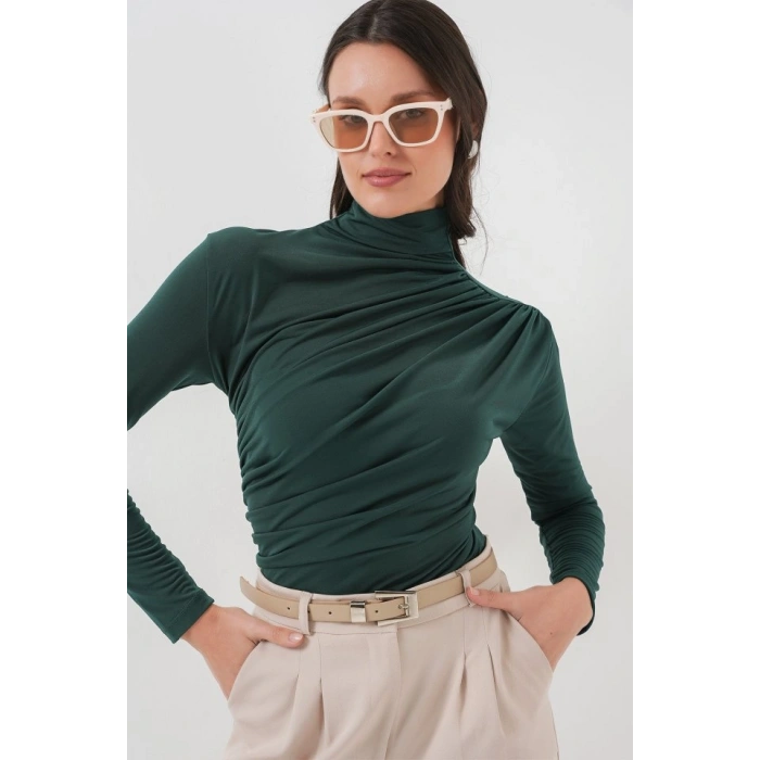 925 Büzgü Detaylı Sandy Bluz - Zümrüt Yeşili
