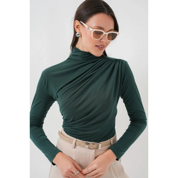 925 Büzgü Detaylı Sandy Bluz - Zümrüt Yeşili