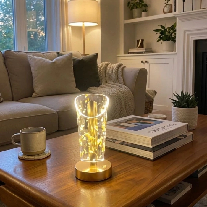 Açık Silindirik Kristal Altın Toz Model LED Masa Lambası – Gold Tabanlı, Dokunmatik, 3 Renk Işık Modlu, Şarjlı Modern Dekoratif Gece Lambası (4940)