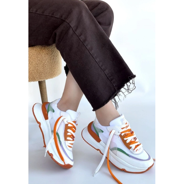 Aleh Beyaz Cilt Turuncu Detaylı Çift Bağcıklı Spor Ayakkabı