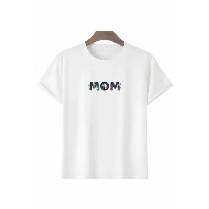 Anneler Gününe Özel Tasarım Mom Çiçek Baskılı T-shirt - Beyaz