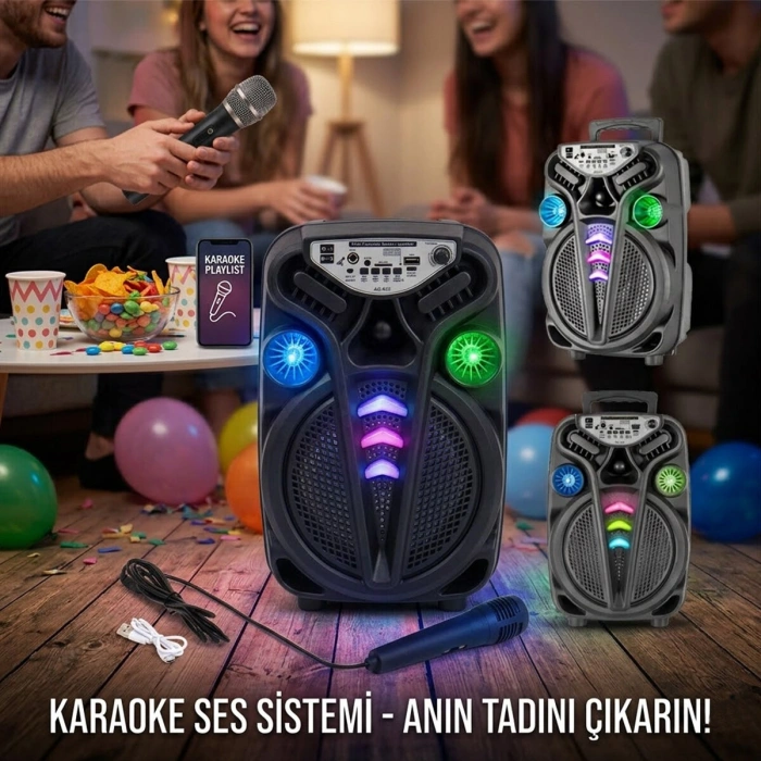 AO-835-832 KARAOKE MİKROFONLU WİRELESS HOPARLÖR - SPEAKER IŞIKLI USB ŞARJLI DC 5V - TF - AUX 8 INC INCH PL-4681 (4940)