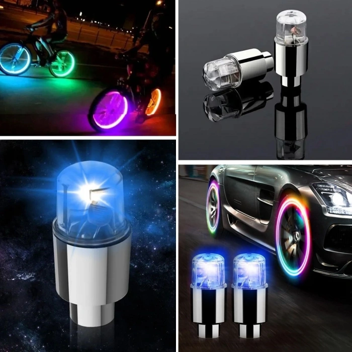 Araç ve Bisiklet İçin 2’li Mavi LED Hava Valfi Işık Kapakları–Gece Parlayan Lastik Lambası Sibop Kapağı (4940)