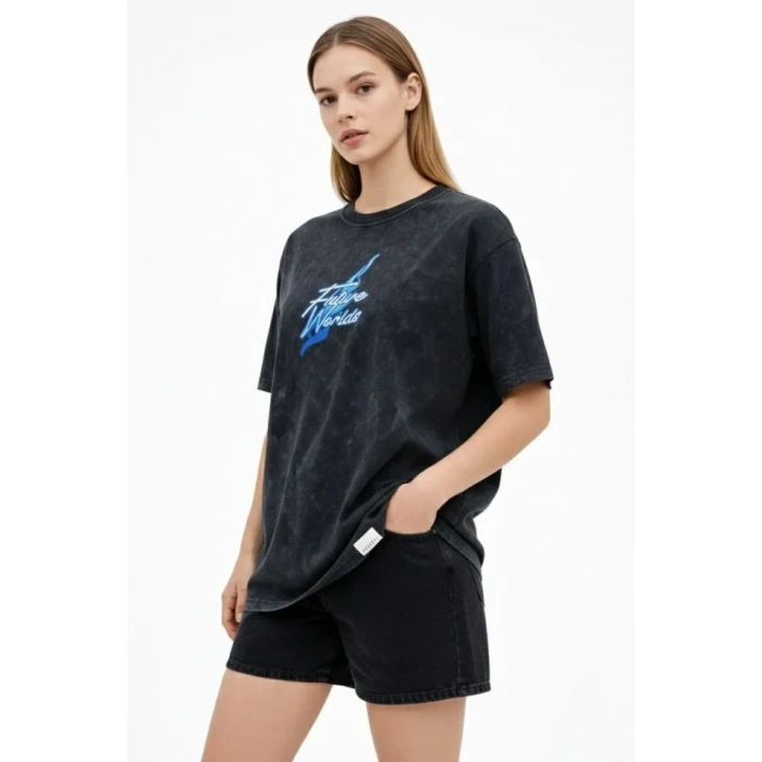 Asit Yıkamalı Oversize Tişört Future Worlds Baskılı Bisiklet Yaka Kısa Kollu Streetwear %100 Pamuk Street Style T-Shirt - Siyah