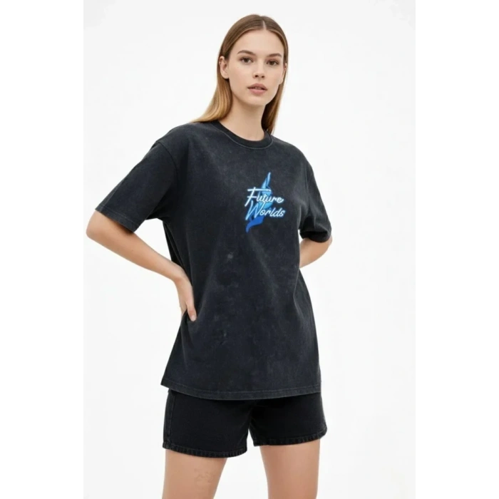 Asit Yıkamalı Oversize Tişört Future Worlds Baskılı Bisiklet Yaka Kısa Kollu Streetwear %100 Pamuk Street Style T-Shirt - Siyah