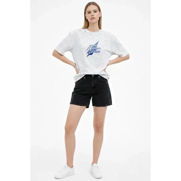 Asit Yıkamalı Oversize Tişört Future Worlds Baskılı Bisiklet Yaka Kısa Kollu Streetwear %100 Pamuk Street Style T-Shirt - Beyaz