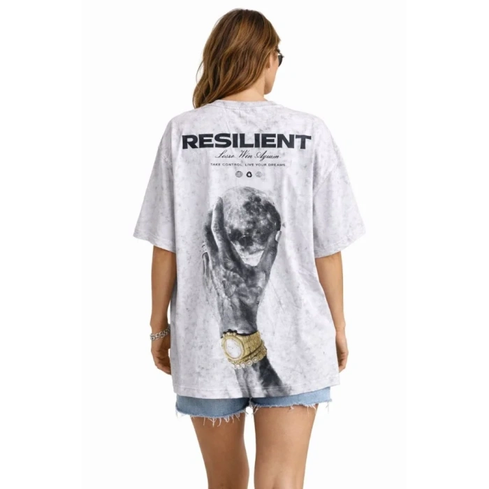 Asit Yıkamalı Oversize Tişört ön Ve Arkası Baskılı %100 Pamuk Street Style T-Shirt - Beyaz