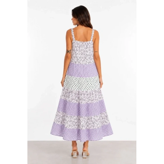 Askılı Çiçek Desenli Keten Kumaş Kat Kat Salaş Maxi Elbise - Lila