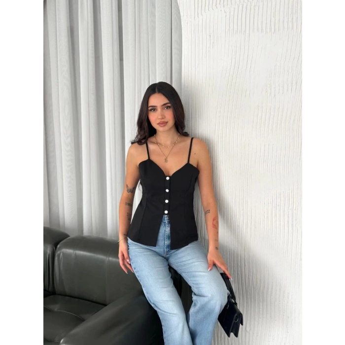 Askılı Dekolte Deraylı Bluz Crop - Siyah