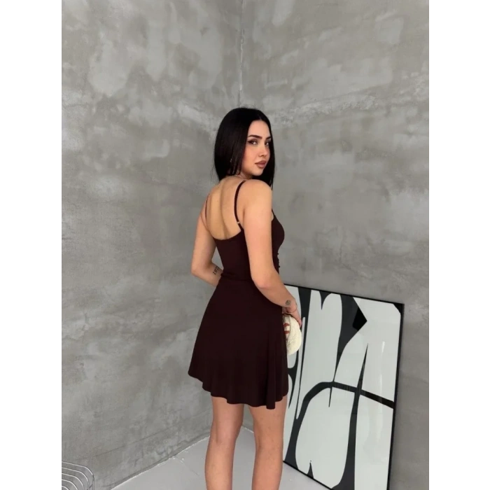 Askılı Şifon Mini Elbise Drapeli Bel Vücuda Oturan Yazlık Şık - Kahverengi