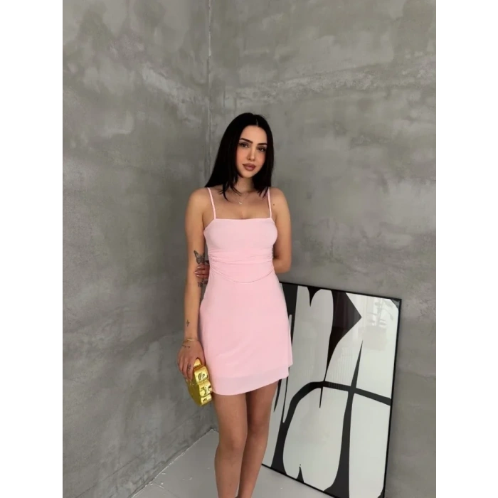 Askılı Şifon Mini Elbise Drapeli Bel Vücuda Oturan Yazlık Şık - Pembe