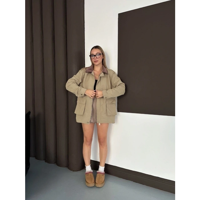 Astarlı yaka detaylı artos ceket haki st2651019