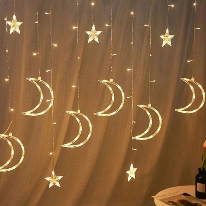 Ay ve Yıldız Figürlü Kumandalı 12 Sarkıtlı 120 LED Dekor Işık – Dekoratif Ortam ve Masaüstü Aydınlatması (4940)