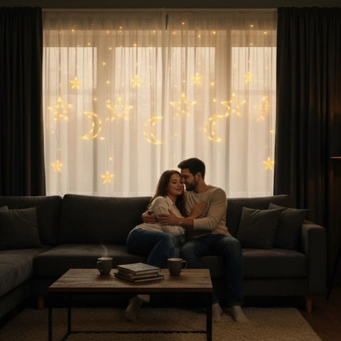 Ay ve Yıldız Figürlü Kumandalı 12 Sarkıtlı 120 LED Dekor Işık – Dekoratif Ortam ve Masaüstü Aydınlatması (4940)