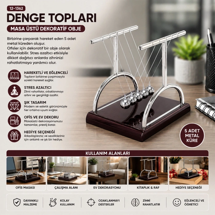 BALANCE BALLS BÜYÜK NEWTON - METAL DENGE TOPLARI MASA ÜSTÜ (4940)