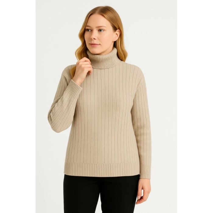 Balıkcı Yaka Bağazlı Triko Kazak Pamuklu Kalın Fitilli Dokuma - Bej