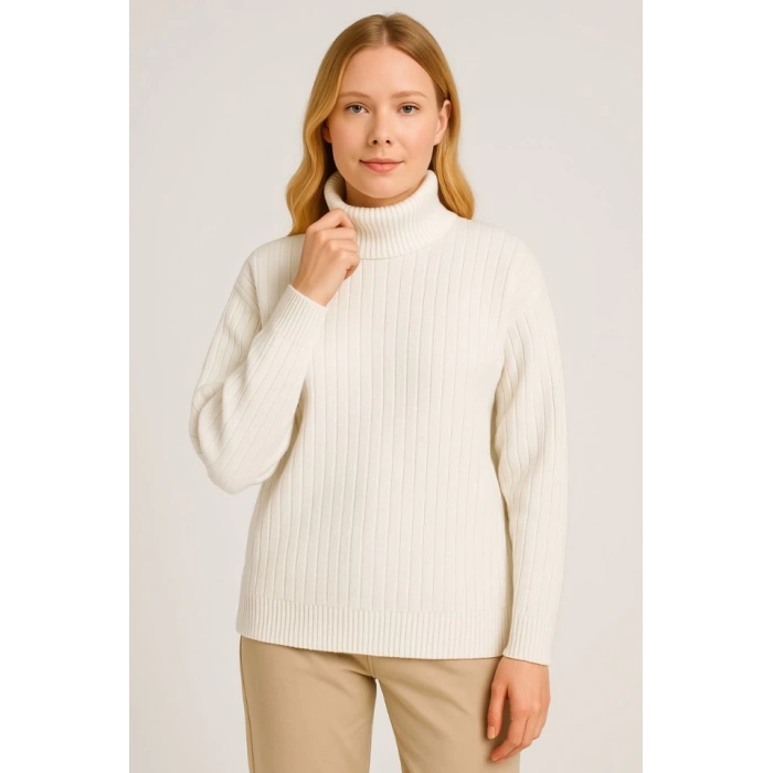 Balıkcı Yaka Bağazlı Triko Kazak Pamuklu Kalın Fitilli Dokuma - Beyaz