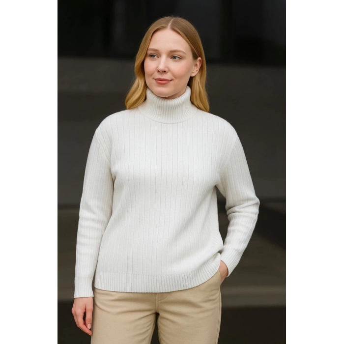 Balıkcı Yaka Bağazlı Triko Kazak Pamuklu Kalın Fitilli Dokuma - Beyaz