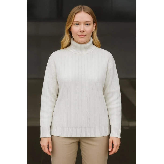 Balıkcı Yaka Bağazlı Triko Kazak Pamuklu Kalın Fitilli Dokuma - Beyaz