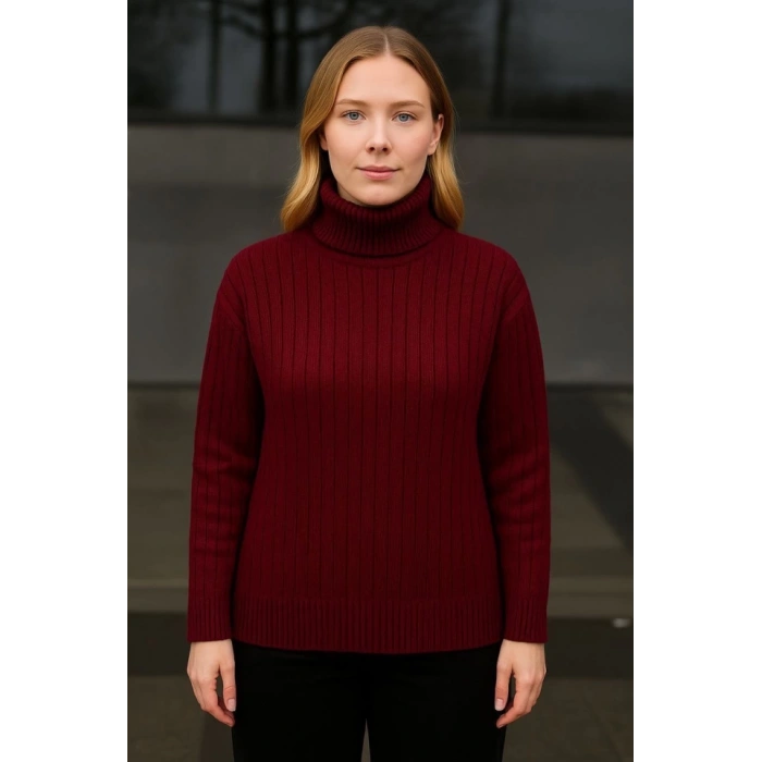 Balıkcı Yaka Bağazlı Triko Kazak Pamuklu Kalın Fitilli Dokuma - Bordo