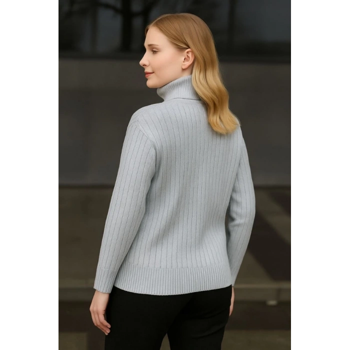 Balıkcı Yaka Bağazlı Triko Kazak Pamuklu Kalın Fitilli Dokuma - Gri