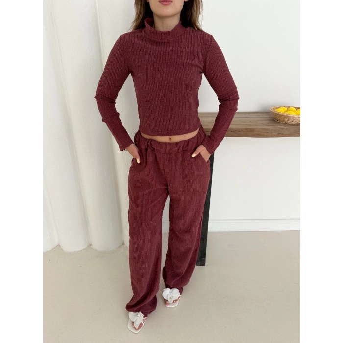 Balıkçı yaka örme takım bordo st265865