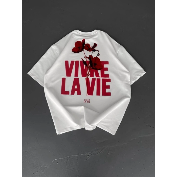 Baskılı Oversize Bisiklet Yaka T-shirt - Beyaz