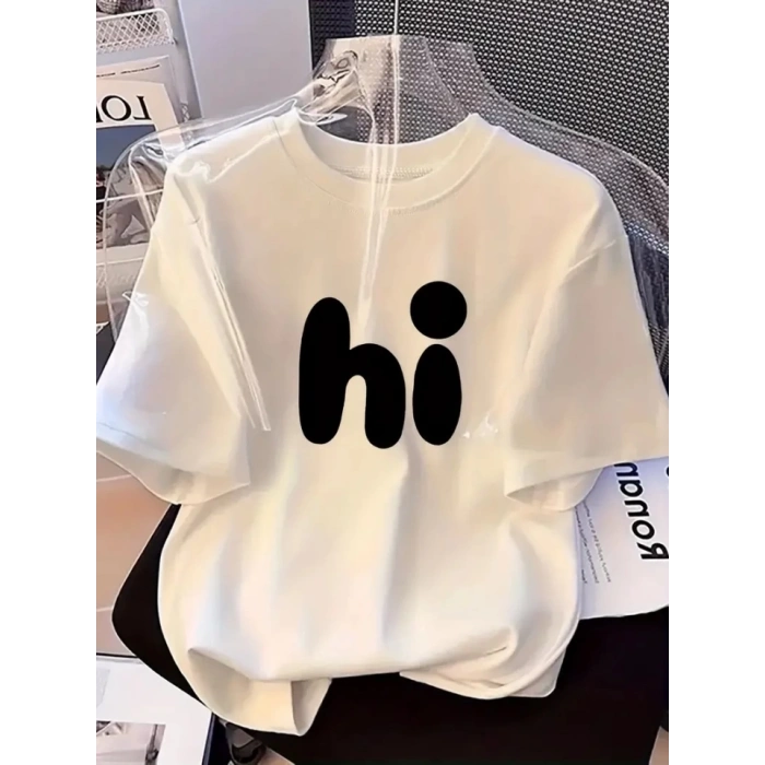 Baskılı Oversize Bisiklet Yaka T-shirt - Beyaz