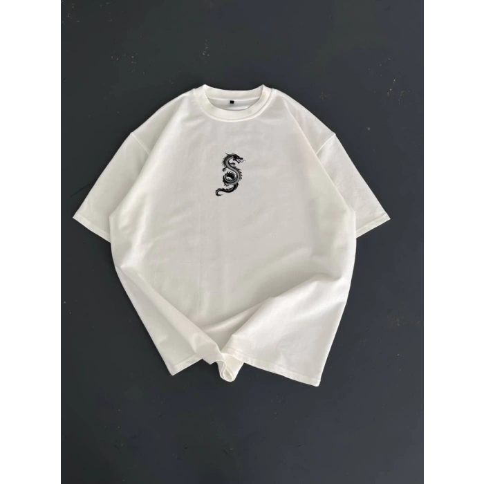 Baskılı Oversize Bisiklet Yaka T-shirt - Beyaz